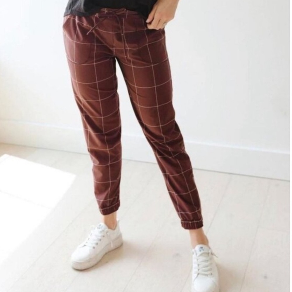 Albion Destination Joggers Burgundy Windowpane Plaid‎ Ankle Zip Pants XS Tall